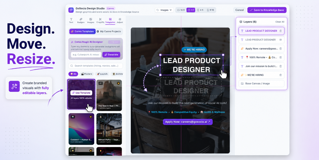GoSocio multi-layer visual editor with templates, canvas and layers