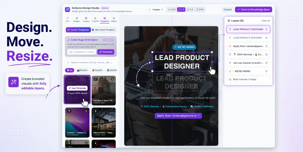 GoSocio AI Creative Studio visual editor with templates, canvas and layers